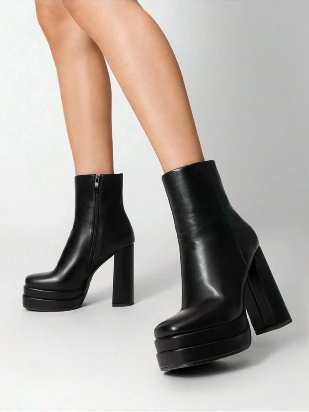Black Platform Block Heel Ankle Boots - Women